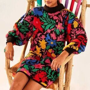 Farm Rio Tropical Garden Vibrant Multi Puff Sleeve Turtleneck Sweater Dress S